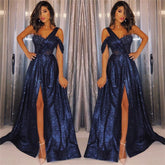 Dark Blue One Shoulder Sequins Appliques Prom Dress